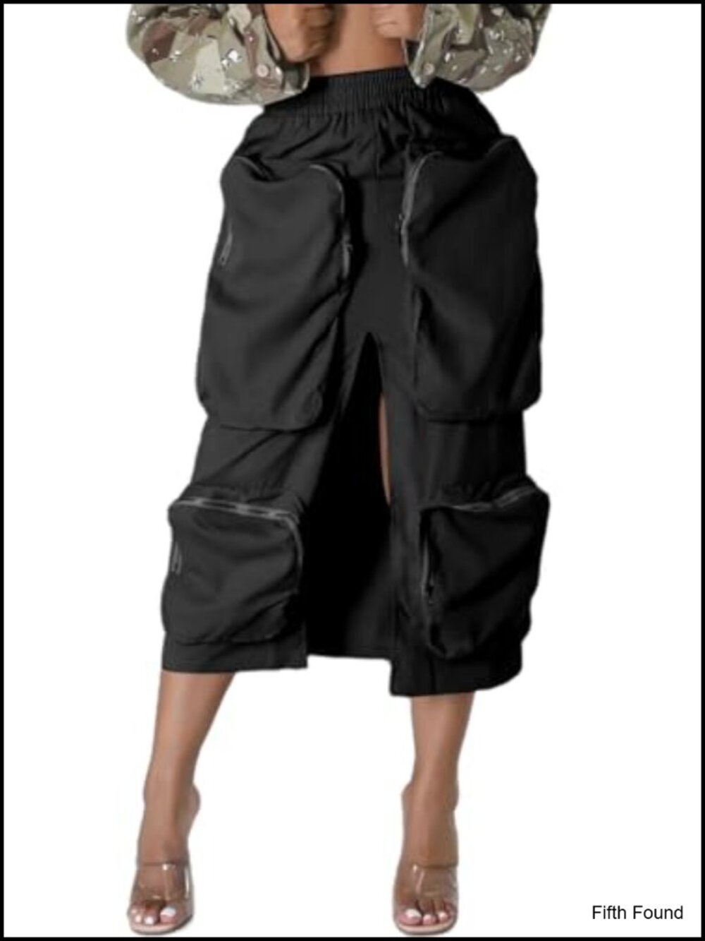 Women's High Waist Cargo Midi Skirt Front Slit Zip Pockets Polyester Spandex